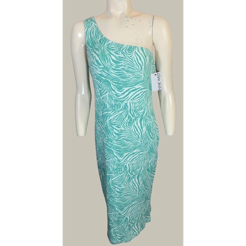 NWT Nine West One Shoulder Midi Dress Zebra Prnt Textured Knit Green White Sz XL